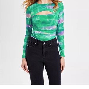Bar III Printed Crewneck Long-Sleeve Ruched Bodysuit